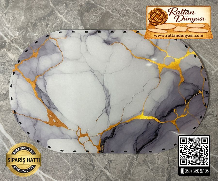 Baskılı Mermer Desenli Oval Rattan Taban - Model 5