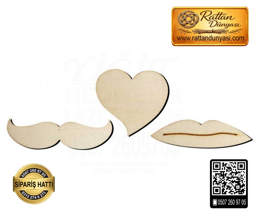 Bıyık Dudak Kalp Ahşap Obje