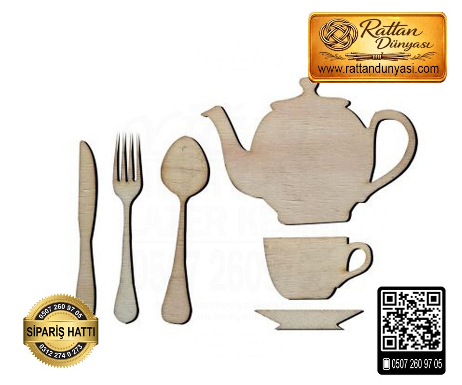 Demlik Fincan Çatal Ahşap Obje