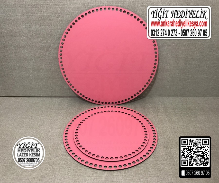 Pembe Daire 30x30 cm Tabanlık / Penye Ribbon İp Pembe Sepet Tabanı