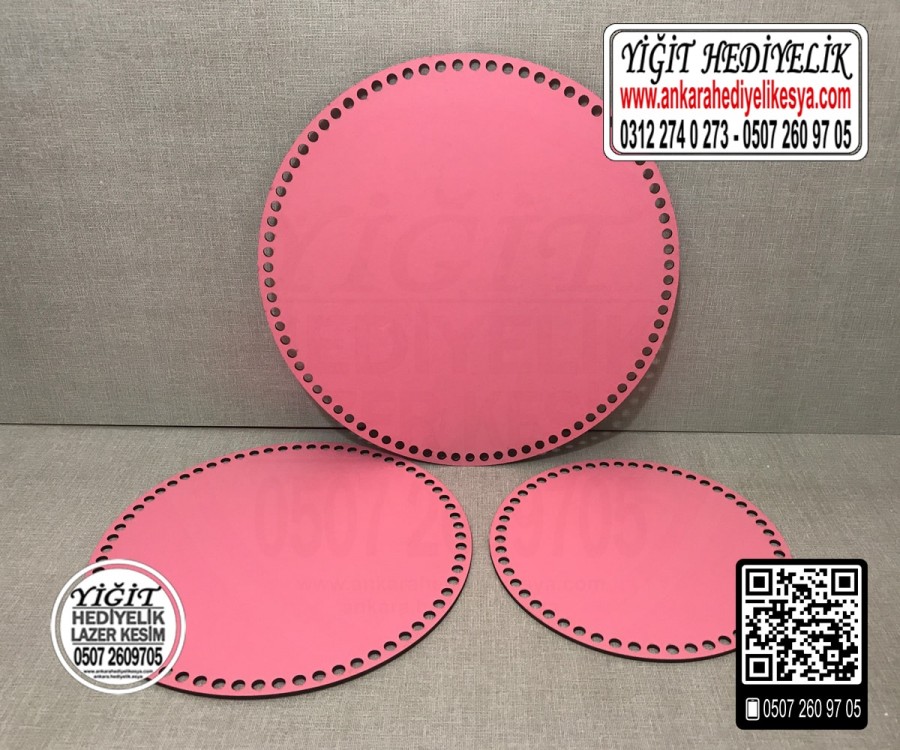 Pembe Daire 30x30 cm Tabanlık / Penye Ribbon İp Pembe Sepet Tabanı