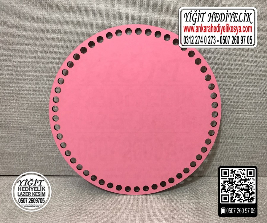 Pembe Daire 30x30 cm Tabanlık / Penye Ribbon İp Pembe Sepet Tabanı