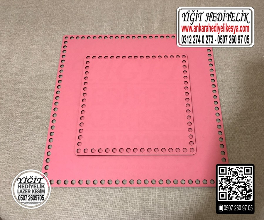Pembe Kare 30x30 cm Tabanlık / Penye Ribbon İp Pembe Sepet Tabanı