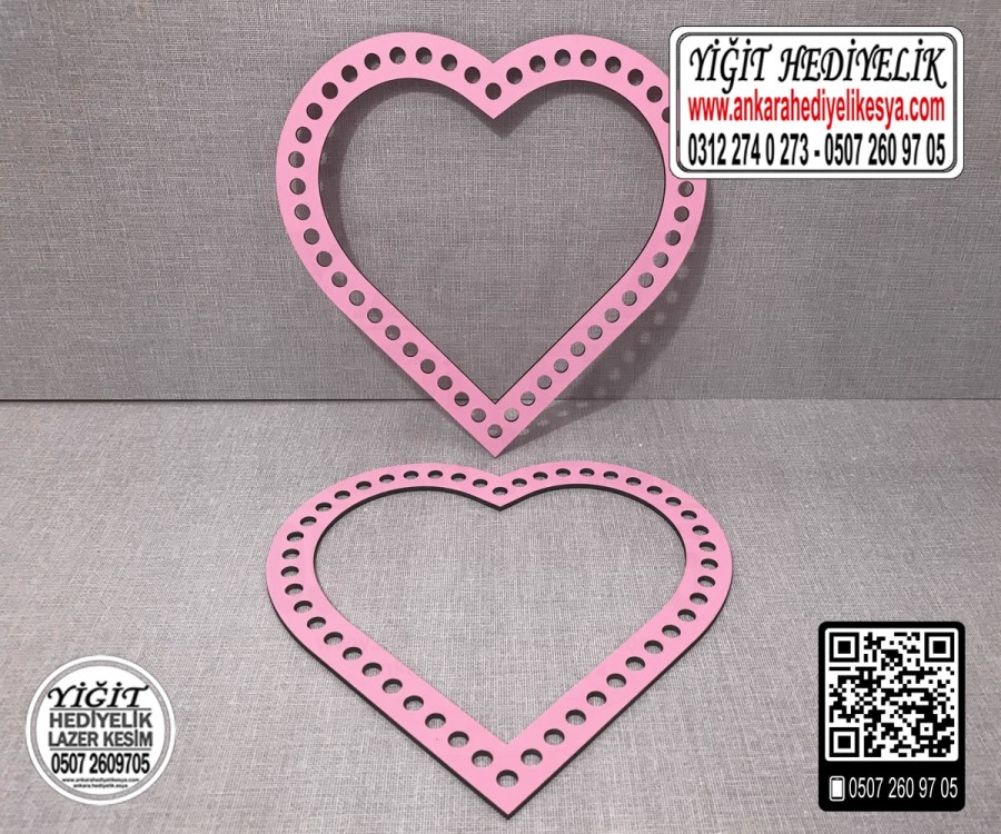 Pembe Kalp 20x20 cm Tabanlık / Penye Ribbon İp Pembe Sepet Tabanı - boş